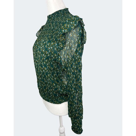 Free People Roma Forest Green Floral Sheer Mock Neck Long Sleeve Blouse Medium - Picture 9 of 15